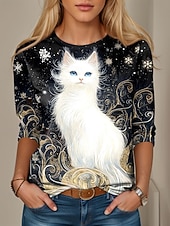 abordables T-shirt Animaux-Femmes T-shirt Graphique Animal Chat ancien Mode Élégant manche longue Col ras du cou Hauts Réguliers Quotidien Imprimé Jaune Bleu Violet Vert Printemps Automne Hiver