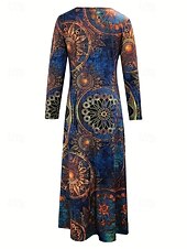 preiswerte Boho Kleid-Damen Maxikleid Shiftkleid A Linie Kleid Lässig Boho Täglich Date Ausgehen Normale Passform Blumen Grafik Batik Langarm Rundhalsausschnitt Blau Frühling Herbst Winter