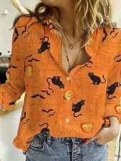Halloween Women's Shirt Black Cat Print Button Down Tunic Shirt Collar Long Sleeve Graphic Cat Pumpkin Elegant Vintage Tropical V Neck Regular Tops Daily Holiday Print Yellow Orange Spring Fall4
