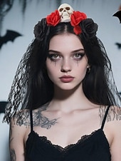 levne Halloweenské doplňky-Dámská čelenka s lebkou, červenými a černými růžemi a krajkovým závojem, gotický vlasový doplněk na halloweenský kostým na párty