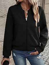 preiswerte Freizeitjacken-Damen Freizeitjacke Strukturierte Jacken Bequem Reißverschluss Mode Modern Lässig Einfach Ausgehen Wochenende Reisverschluss Regulär Stehkragen Normale Passform Langarm Oberbekleidung Schwarz Wei
