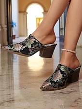 economico Anni &amp;#39;50-sandali con tacco a blocco in jacquard verde anni &#039;50 da donna – sandali con tacco a blocco slip-on in broccato floreale per look di ispirazione vintage, outfit eleganti ed eventi culturali