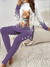 tanie Zestawy dwuczęściowe-Komplet piżamowy dla kobiet dresy okrągły dekolt długi rękaw casual moda spodnie z nadrukiem grafika zwierzęca kot codzienne niebieski fioletowy zielony regularny krój