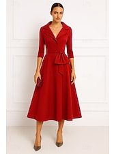 billige Cocktailkjoler-Rød portrettkrage A-linje cocktailkjoler elegant kjole formell bryllup te-lang midi-lengde 3/4-ermet stretch crepe med sløyfe(r) 2025