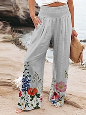 economico gamba larga e vita alta-Per donna Pantaloni in cotone e lino Gamba larga Chinos Vacanza Vintage Stile Etnico Lunghezza intera Vita Alta Floreale Tasca Elastico in vita Stampa Comodità All&#039;aperto Elasticizzato Streetwear