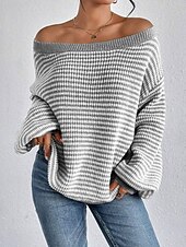 preiswerte Grafische Muster und Details-Damen Pullover Lässig Weich Gestreift Gerippt U-Boot-Ausschnitt Gestrickt Langarm Normale Oberteile Stricken Outdoor Täglich Wochenende Schwarz Rote Herbst Winter