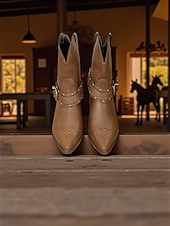 abordables Cowboy et bottes occidentales-Bottes mi-mollet pour femmes avec sangle à boucle en métal, chaussures de mode confortables à talons bas de style occidental rétro pour vêtements décontractés urbains en plein air