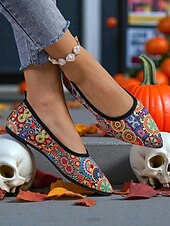 levne Pro ženy-Dámské lehké dýňové balerínky se špičatou špičkou - nazouvací halloweenské boty pro slavnostní podzimní outfity a každodenní pohodlí