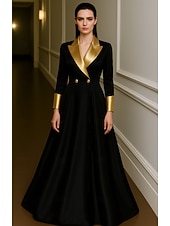 baratos Vestidos de Noite-Vestido de noite preto dourado com corte A, elegante, formal, para casamento, comprimento até o chão, manga comprida, lapela, cetim com pregas, 2025