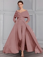 billige Mammas jumpsuits-Jumpsuit Mor til Bruden Formell Bryllupsgjest Elegant Fest Skjort Utringning Off Shoulder Ankellang Stretch Stoff 3/4 Lengde Ermer med Belte  Bånd