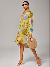 preiswerte Blumenkleider-Damen Hemdkleid lässig V-Ausschnitt asymmetrischer Saum geteiltes Design Kürbis-Print gelb