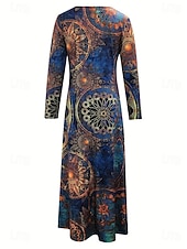 preiswerte Boho Kleid-Damen Maxikleid A Linie Kleid Sommerkleid Urlaub Lässig Boho Täglich Normale Passform Grafik Geometrisch Langarm Rundhalsausschnitt Blau Sommer Frühling Herbst Winter