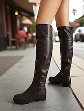 baratos Botas da moda-Botas femininas pretas acima do joelho - botas de couro sintético de cano alto com sola de argola para roupas casuais e de rua no outono e inverno