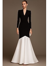 preiswerte Abendkleider-A-Linie Meerjungfrauenschnitt Abendkleid Elegant Kleid Formell Hochzeit Bodenlang Langarm V Ausschnitt Stretch-Crêpe mit Falten 2025