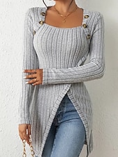 cheap Plain tee-Women's T Shirt Tee Top Buttons Asymmetrical Solid Color Elegant Fashion Long Sleeve Square Neck Regular Tops Daily Weekend Black Brown Rose Pink Gray Spring Fall