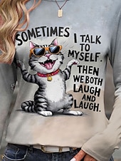  Koszulka damska z długim rękawem graficzna zwierząt kot vintage moda stylowa długi rękaw klasyczny okrągły dekolt zwykłe góry na co dzień weekendowy druk szary wiosna jesień przedseson