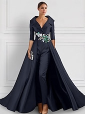 billiga Ballgowns för kvällsbruk-A-linjeformad aftonklänning Elegant overskirt jumpsuit klänning formell bröllop blomster golvlängd halvlång ärm skjortkrage satin med slits broderi applikationer