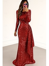 baratos Vestidos de Noite-Vestido de noite elegante, vermelho, azul, com lantejoulas, comprimento até o chão, manga comprida, gola redonda com pregas brilhantes, 2025