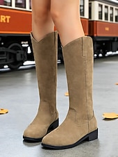 abordables Bottes à la mode-Bottes mi-mollet kaki pour femmes – Bottes à talons bas de style western décontracté pour l&#039;automne et le quotidien