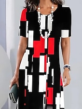 levne Pruhované a geometrické šaty-Elegantní dámské večerní midi šaty s krátkým rukávem a výstřihem do krku A-line šaty ležérní boho každodenní regular fit grafika geometrická károvaná černá léto jaro podzim