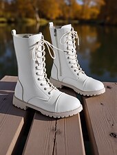 baratos Botas de combate-Botas de combate femininas brancas com cadarço e zíper lateral, calçados urbanos estilosos
