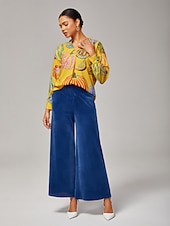 abordables Pantalones-Pantalones anchos de mujer, informales, de pana muy elástica, con textura acanalada, cintura elástica y elastano azul.