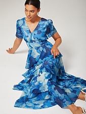 olcso Elegáns virágos ruhák-női esküvői vendégbuli maxi sifon ruha v nyakú, lenge többszínű, virágmintás, sötétzöld, vintage elegáns, egy vonalú, többszínű, fodros, tortaszoknya, derékban szűkített, rugalmas hátrészű ruha