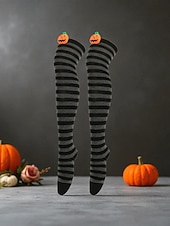 tanie Akcesoria Halloween-Damskie skarpetki za kolano na Halloween - bawełniane, długie pończochy w paski z uroczym wzorem dyni, zabawne i wygodne, nowatorskie pończochy na imprezy kostiumowe, cosplay i wydarzenia świąteczne