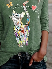 Χαμηλού Κόστους Ζώα tee-Γυναικείo T-shirt Μακρύ Μανίκι Λουλουδάτο Γραφικό Γάτα Vintage Στυλάτο Κλασικό Μακρύ Μανίκι Crew Neck Κανονικά Top Ημερήσια Εκτύπωση Μαύρο Μπλε Πράσινο Άνοιξη Φθινόπωρο Προφθινόπωρο