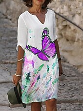 abordables Robes Floraux Imprimés-Femmes Robe Midi Robe Décontractée Robe Imprimée Mode Moderne Quotidien Plage Week-end Coupe régulière Fleuri Papillon Manche 3/4 Col ras du cou Jaune Bleu Violet Orange Été Printemps Automne