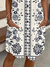 お買い得  花柄のドレスを印刷する-女性用 ミニドレス シャツドレス カジュアルドレス プリントドレス ファッション 近代の 日常 ビーチ 週末 レギュラー フラワー 半袖 シャツカラー ブルー 夏 春 秋