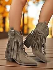 abordables Cowboy y botas occidentales-Botines de ante con flecos para mujer, ribete tachonado y hebilla estilo western, estilo vaquero bohemio.