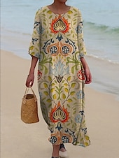 billiga Blommig klänning-Kvinnors Maxiklänning Kaftan 3/4 Lång Ärme Crew Neck Avslappnad Shift Klänning A-linjeformat Klänning Klänning Boho Daglig Semester Dejtdress Blommig Grafisk Mörk Gul Ljus Rosa Gul Ljus Grön