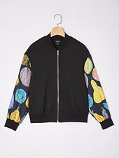 preiswerte Überbekleidung für Damen-Damen Bomberjacke Casual Street Patchwork Kürbis Print Mikro - elastischer Strukturstoff Schwarz Polyester Elasthan