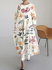 billiga Blommig klänning-Dam Maxiklänning A linjeklänning Fit And Flare Klänning party Ledigt Boho Fest Bröllopsgäst Dagligen Lös passning Blommig Grafisk Långärmad Rund hals Vit Blå Grön Vår Höst Vinter