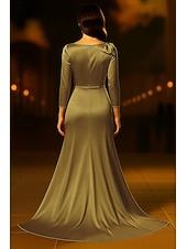 abordables Robes de bal-Robe de soirée trapèze dorée élégante, robe de mariée formelle, traîne courte, manches 3/4, col en V, satin avec nœud(s) froncé(s), 2025