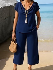 cheap Women&#039;s Blouse Suits-Women&#039;s Active Blouse Pants Sets Short Sleeve V Neck Solid Color Ruched Daily Wear Going out Weekend Navy Blue Blue Purple Summer Regular Fit