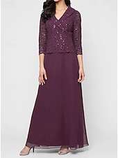 levne Délka kotníků-áčkové šaty pro matku nevěsty s portrétním límcem, elegantní jednoduché, minimalistické, s výstřihem do V, délka na zem, šifon, flitrovaná krajka, 3/4 rukávy s vroubkovaným lemem, 2025