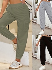 abordables pantaloni cargo da donna-Women's Cargo Pants Slacks Streetwear Casual Full Length Natural Plain Pocket Elastic Waist Comfortable Street Holiday Daily Wear Grey Black Army Green Fall Regular Fit