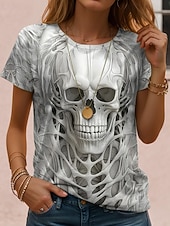 preiswerte Halloween Oberteile-Halloween Damen T Shirt Grafik Schädel Halloween Vintage Stilvoll Klassisch Kurzarm Rundhalsausschnitt Normale Oberteile Täglich Wochenende Druck Schwarz Rote Leicht Braun Blau Orange Herbst Winter