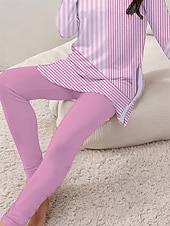 お買い得  ツーピースセット-女性用 エレガント 旅行度假风 ファッション Tシャツ パンツセット 長袖 ラウンドネック フラワー グラフィック ストライプ プリント カジュアル／普段着 ピンク 夏 レギュラー