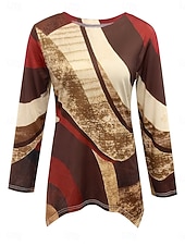 Недорогие Туники-Жен. Футболка С принтом Асимметричный вырез Графика Геометрический принт Винтаж Стиль На каждый день Длинный рукав Вырез под горло Обычные топы Повседневные Красный Лиловый Коричневый Зеленый Хаки