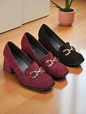 abordables Chaussures sans lacet et mocassins femme-Mocassins à talon carré en daim bordeaux pour femmes - chaussures habillées à enfiler à bout carré avec détail mors doré, style rétro classique pour le bureau, les tenues d&#039;affaires et les occasions