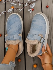 abordables Botas de nieve e invierno-Botines de nieve para mujer con forro polar vaquero: zapatos de invierno cálidos e informales sin cordones con correa de velcro para viajes y paseos al aire libre.