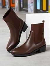 billiga Chelsea stövlar-Bruna chelsea-stövlar i konstläder för dam – elastiska slip-on-stövlar med låg klack för daglig pendling, höstkläder och vardagskläder i stan