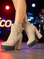 baratos Botas com salto-bota feminina plataforma de camurça preta com salto grosso e fivela dourada &amp;fecho de zíper - festa ousada &amp;calçados de concerto para looks de outono e inverno