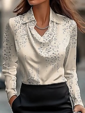 abordables Hauts habillés-Femmes Chemise Graphique Géométrique Élégant Moderne Occasionnel manche longue Col Bénitier Col en V Hauts Réguliers Travail Tenue de soirée Quotidien Froncé Drapé bleu marine Bleu Beige Été Automne