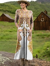 preiswerte Boho Kleid-Damen Maxikleid Etui-Kleid T-Shirt-Kleid Urlaub Lässig Boho Ferien Date Normale Passform Grafik Geometrisch Stammes Langarm Rundhalsausschnitt Schwarz Gelb Rote Leicht Braun Frühling Herbst