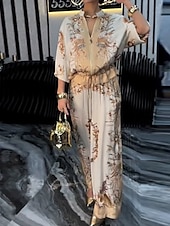 お買い得  レディースブラウススーツ-女性用 活発的 ファッション ブラウス パンツセット 長袖 スタンド フラワー ドローストリング プリント アウトドア お出かけ ブルー オレンジ グリーン 秋 レギュラー