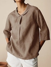 economico Camicie-Per donna Camicie di cotone e lino Semplice Quotidiano Moderno Manica 3/4 Colletto a Camicia Top Regolari Quotidiano Bottoni Nero Arancione Marrone Cachi Grigio Estate Primavera Autunno